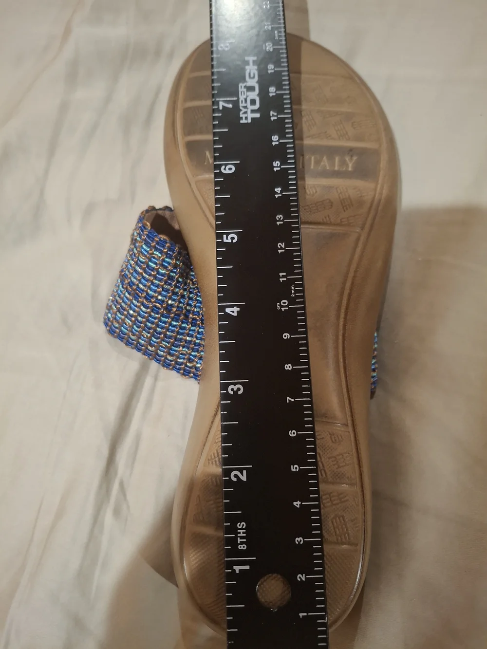Tan Footbed Blue Woven Strap Slide Sandals